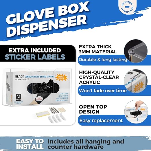 Glove Box Holder Dispenser - Kitchen, Medical, & Latex Gloves Holder Wall Mount or Countertop, Universal Fit - Thick Acrylic, Easy to Use, Slide, & Load Open Top Design - Clear