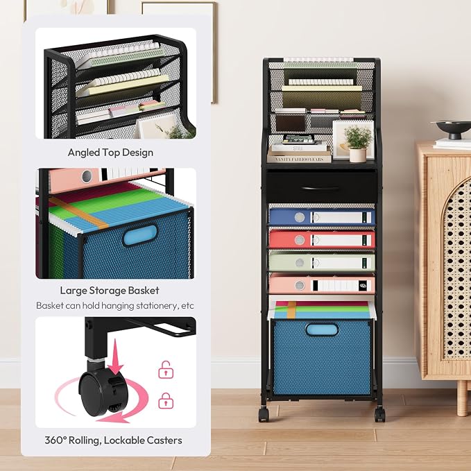 SWTYMIKI 10-Tier Rolling File Cart - Mesh Paper Organizer with Drawer and Hanging File Folders on Lockable Wheels, Rolling File Cabinet for Office Organization, Storage in Home, Studio, School, Black