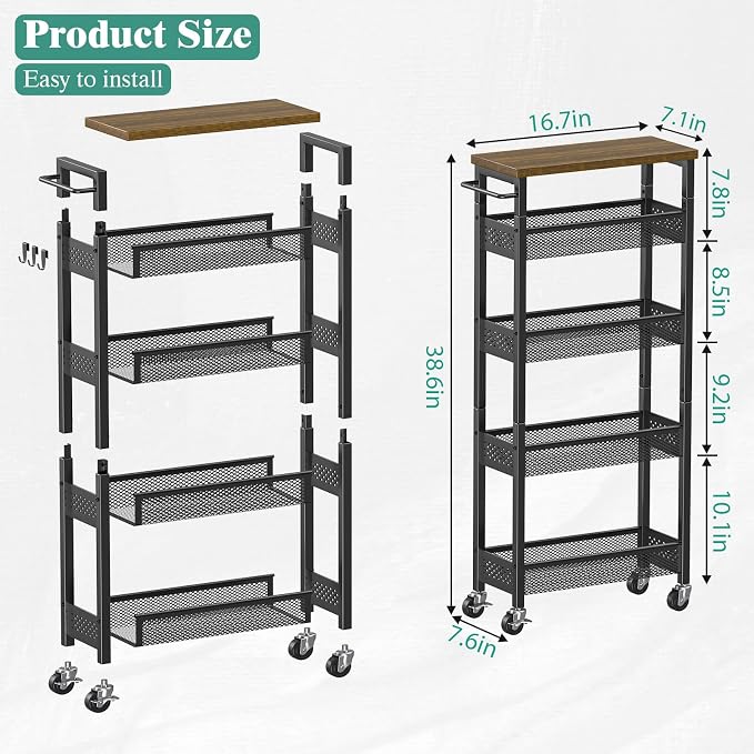 Slim Storage Cart 5 Tier Narrow Kitchen Rolling Cart on Wheels for Small Space, Metal Utility Cart Narrow Bathroom Storage Cabinet Mobile Shelf Unit Organizer with Wood Top and Handle, Black
