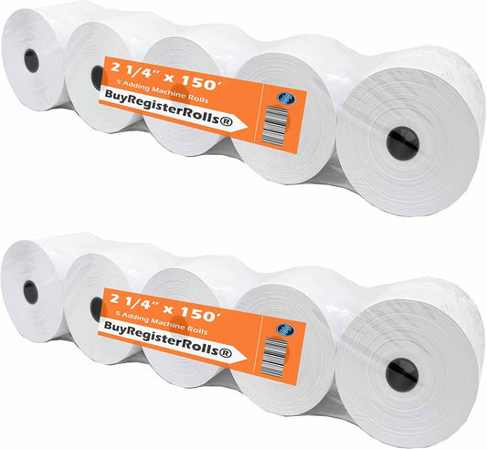 (2 Packs of 5 Rolls) 2 1/4 x 150 ft White Adding Machine Tape Paper (10 Rolls - 50 GSM) Premium One Ply Register/Adding Machine/Calculator Paper Rolls Printing Calculator 10 Key