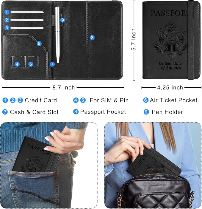 ACdream RFID BLOCKING Passport Holder Travel Wallet, Premium PU Leather Cover Passport Book with Card Holder, Pen Holder, Keep Organization, and Travel Essentials for Women and Men, Black