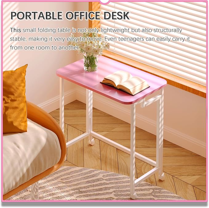 4NM 23.6" Mobile Small Rolling Computer Desk, Folding Laptop Cart Table with Wheels, Portable Office Desk for Small Space Couch Bed - Pink and White