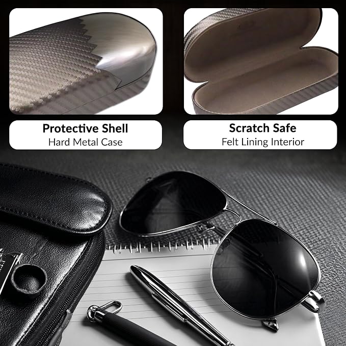 MyEyeglassCase - Large Sunglasses Case - Hard Glasses Case Holder w/Pouch & Cloth - Eyeglass Case Aviator Frames Men & Women