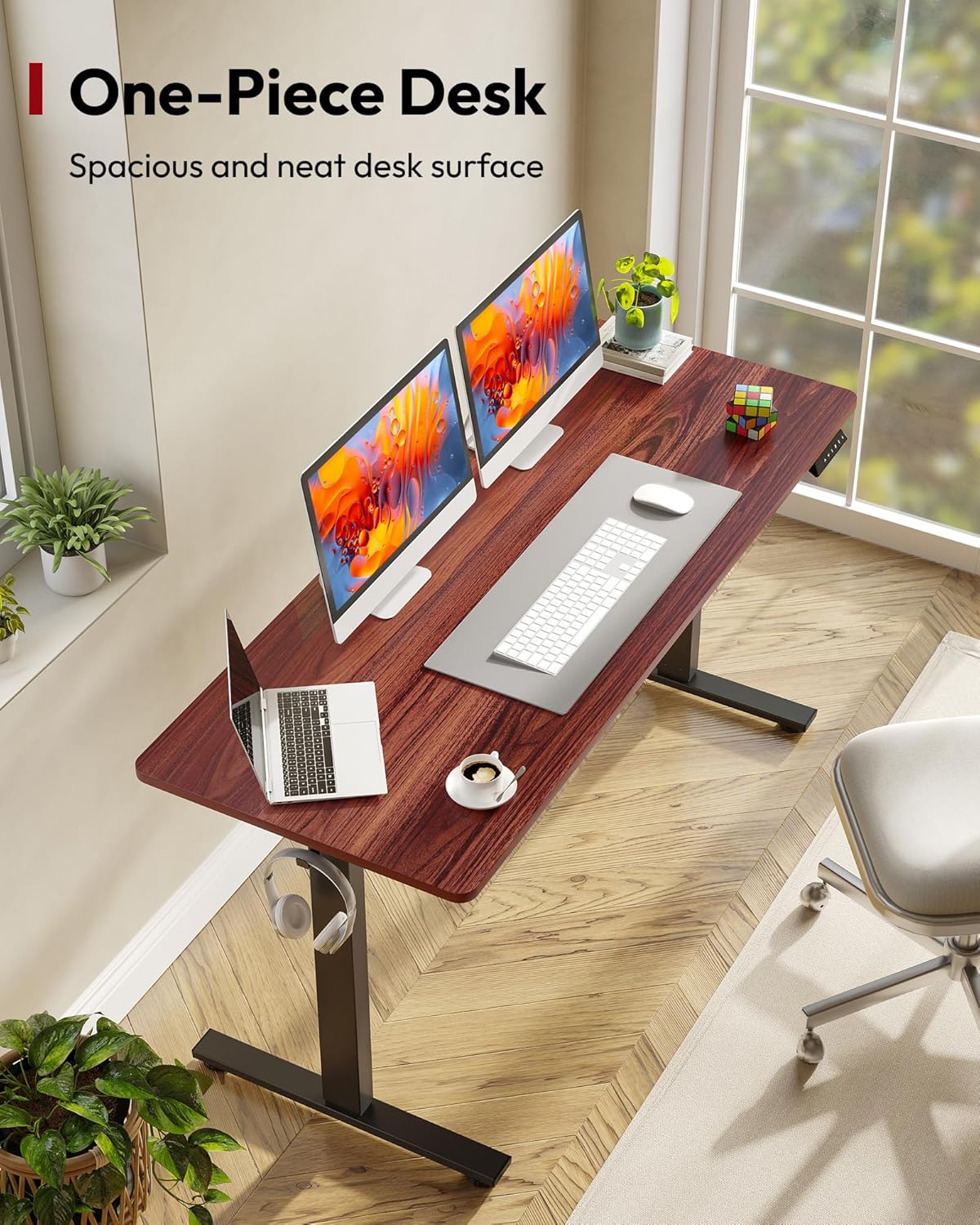 SANODESK Electric Standing Desk 60 x 24 Inches Whole-Piece Desktop Height Adjustable Stand Up Desk w/6-Button Controller Ergonomic Computer Desk for Home Office, Black Frame + Mahogany Tabletop