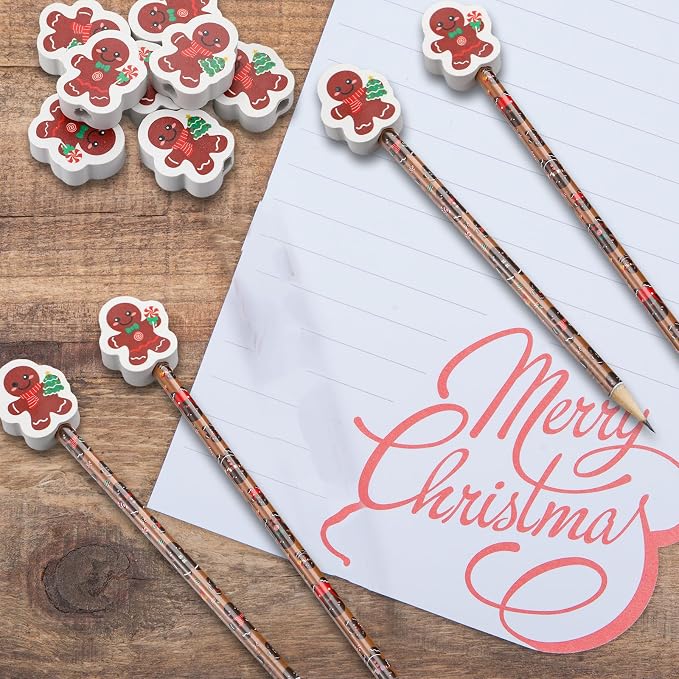 32 Pcs Gingerbread Pencils with Erasers, 16 Christmas Gingerbread Pencils Bulk 16 Erasers Winter Christmas Stationery Supplies for Classrooms Exchange Reward Prizes Home Office School Supplies