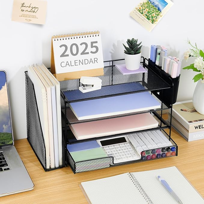 Desk Organizer, 4-Tier Desktop File Organizer with Drawer and Pen Holders, Office Desk Accessories, File Sorters, Workspace Organizers for Office Supplies(Black 2-Pack)