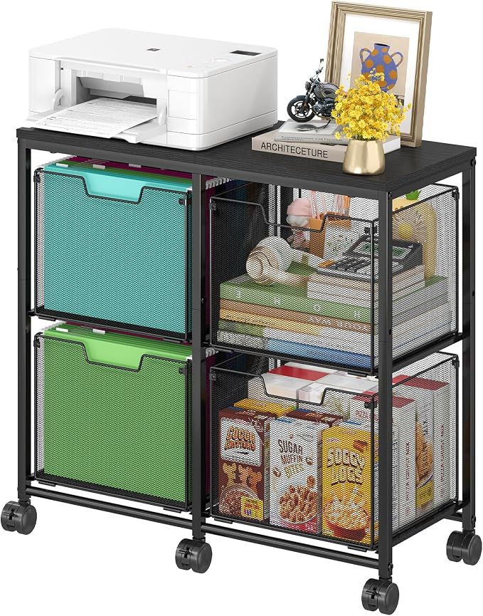 Sbanmao 4 Drawer Lateral File Cabinet, Mobile Filing Cabinet, Printer Stand with Wheels Under Desk Storage Office Storage Cabinet Fits Letter Size for Home Office, Black