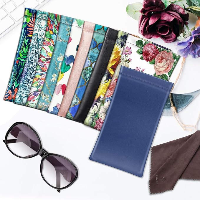 FINTIE Soft Eyeglasses Case with Cleaning Cloth, Portable Squeeze Top Vegan Leather Glasses Pouch, Sunglasses Eyewear Bag