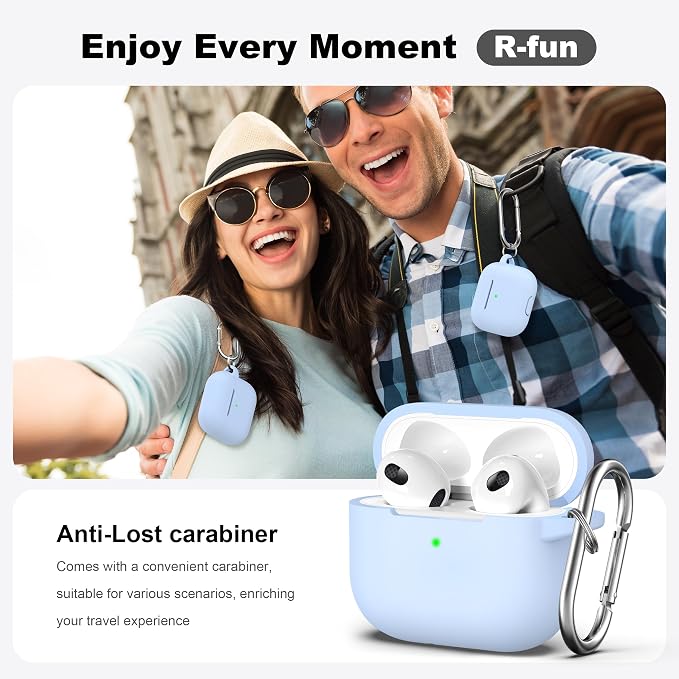 R-fun Compatible with AirPods 3 Case Cover, Silicone Protective Accessories Skin with Keychain Compatible with Apple AirPod 3rd Generation 2021 for Women Men Girls Boys,Front LED Visible,Sky Blue