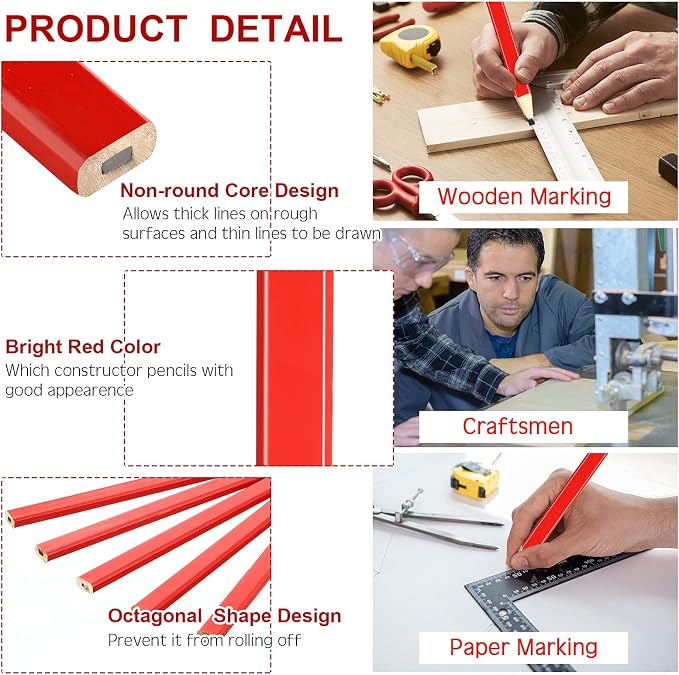 120 Pcs Carpenter Pencils Bulk Construction Plan Medium Hard Natural Wood Cased Quality Flat Wood Octagonal Red Hard Black Pencils for Woodworking Marking
