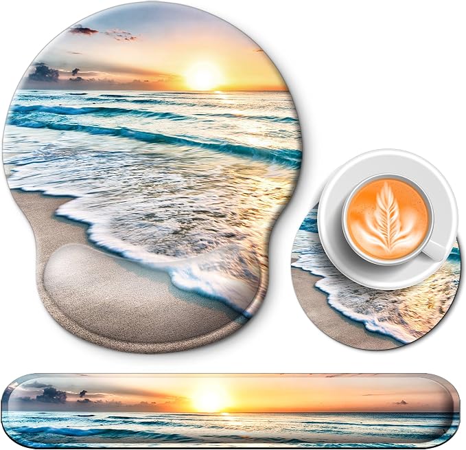 Mouse Pad and Keyboard Wrist Rest Support,Ergonomic Mouse Pad Set | Mousepad With Coaster and Non-Slip PU Base,Pain Relief for Desk Desktop Gaming, Computer,Office -Beach