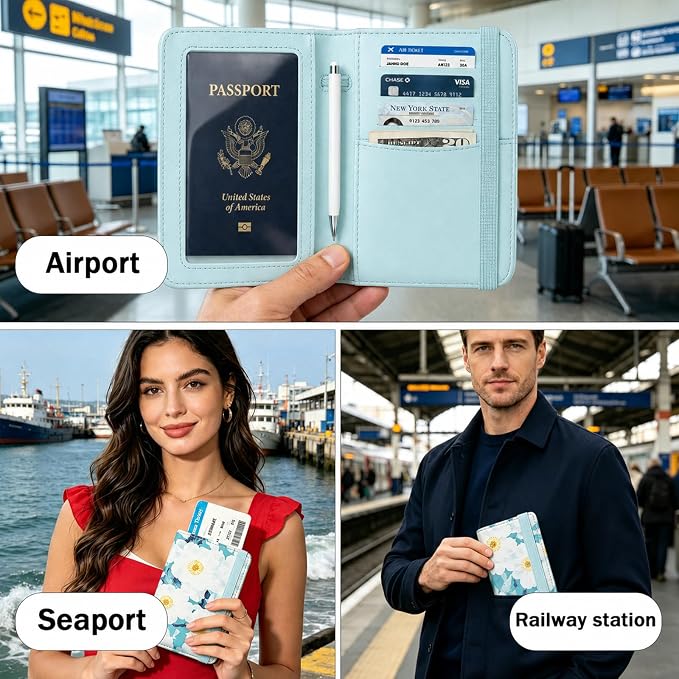 RFID Blocking Passport Holder for Travel – PU Leather Waterproof Lightweight Passport Cover Wallet for Women Men, Travel Organizer with Card Slots for Airline Tickets & Passport Book, Flower A