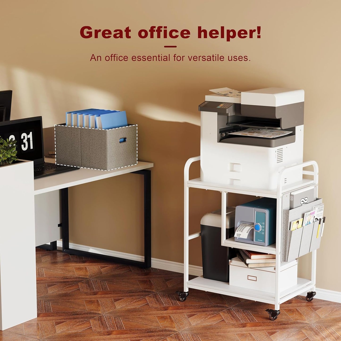 3 Tier Heavy Duty Printer Stand with Storage, Computer Tower Stand with Industrial Wheels & Drawer, Large Mobile Printer Table for Home Office Organization (Pearl White)