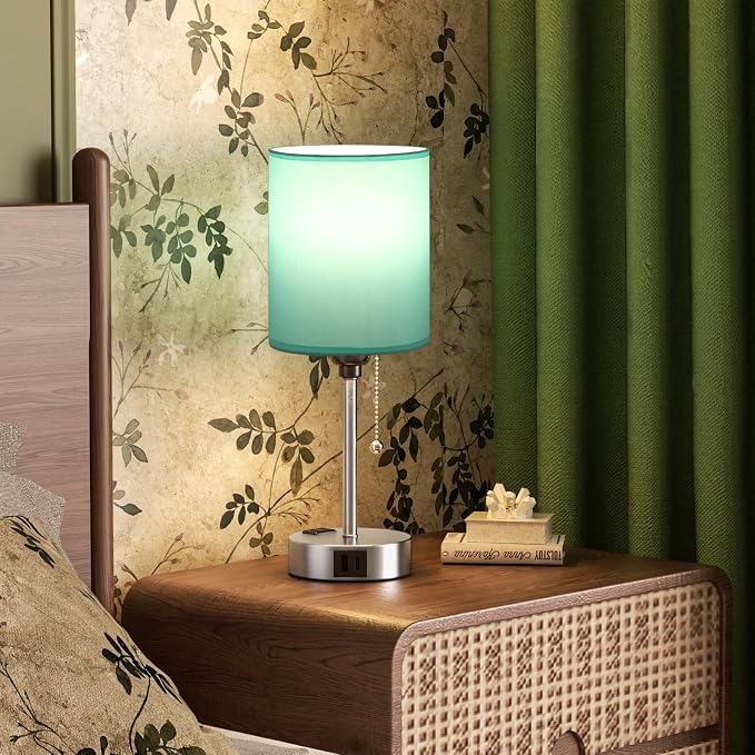 Small Bedside Table Lamp for Bedroom - Desk Lamp with USB Ports for Dorm | USB A+C Ports, AC Outlet, 3 Color Temperatures, LED Bulb Included, Teal Fabric Shade, Sleek Silver Base, 14" Night Stand Lamp