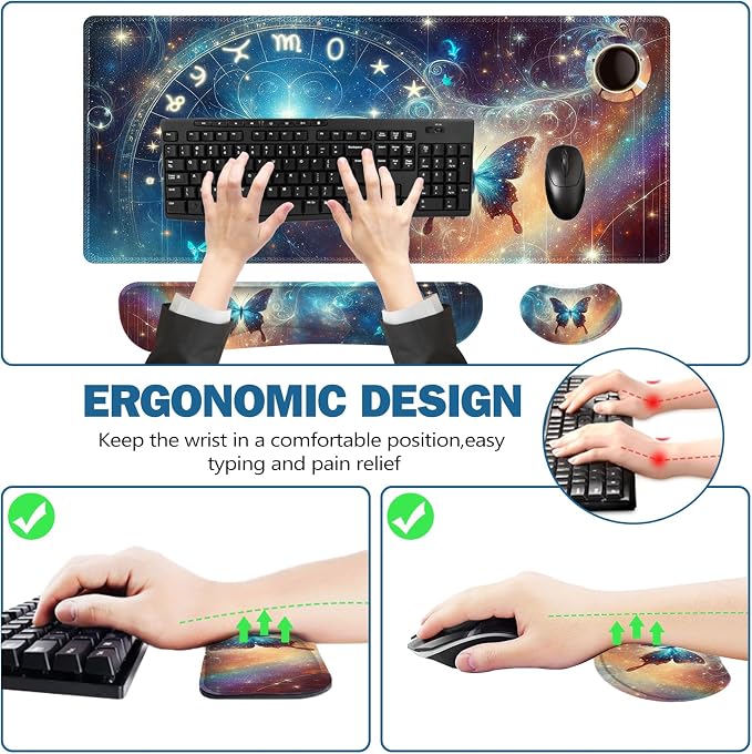 ToLuLu Large Mouse Pad Desk Pad Set, Wrist Rest Support Desk Mat for Keyboard and Mouse, 4PCS 35.4”x15.7 XXL Giant Mouse Pad, Non-Slip Base Stitched Edges Mousepad Home Office, Glittering Butterfly