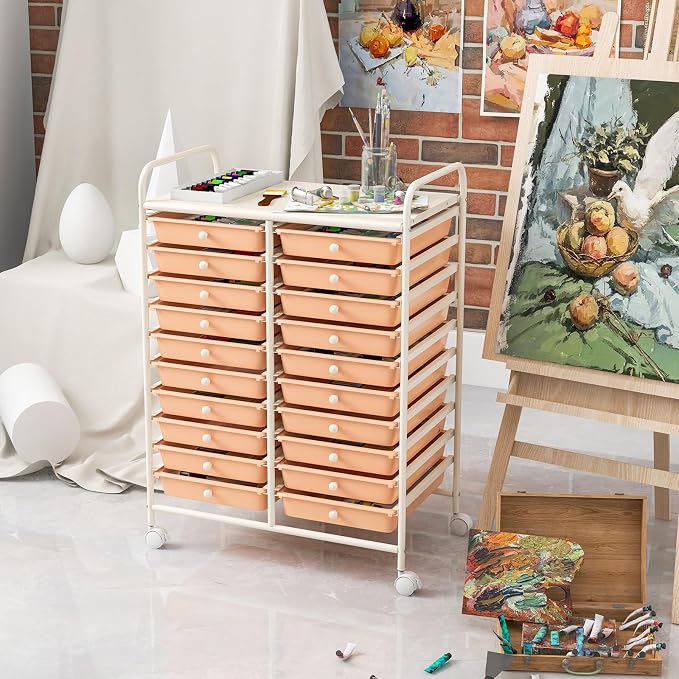 RELAX4LIFE 20-Drawer Rolling Storage Cart - Mobile Rolling Cart w/Drawers for School Classroom Teacher Office Home Salon, Paper File Art Supply Craft Organizer, Utility Cart on Wheels (Pink)