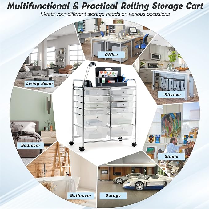 COSTWAY 12-Drawer Rolling Storage Cart, Moveable Art Craft Organizer | Lockable Wheels, Metal Shelf, Files Arrangement Tools Makeup Storage Cart for Office, Home, School (Clear)