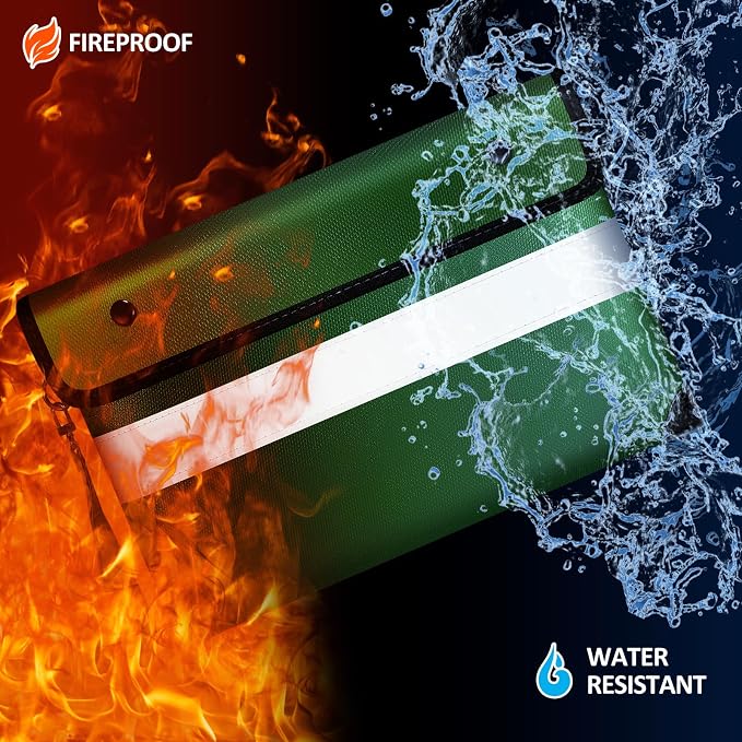 Vailoin 6200°F Fireproof Money Bag, 8 Layers of Heat Insulated Materials | Double-sided Reflective Strip, Waterproof Zipper,Certified to SGS UL94 V-1, for Tablet, Cash, A5-sized documents（Green）