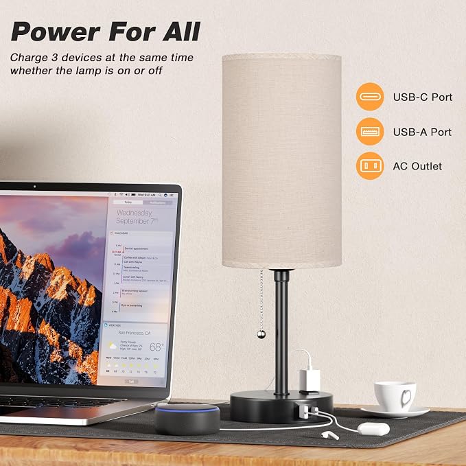 17in Bedside Table Lamp for Bedroom, Desk Lamp with USB Ports for Dorm | USB A+C Ports, AC Outlet, 3 Color Temperatures, LED Bulb Included, Linen-Fabric Shade, Matte Black Base, 14" Night Stand Lamp