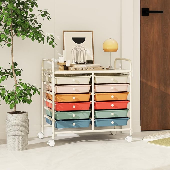 COSTWAY 12-Drawer Rolling Storage Cart, Utility Storage Organizer Cart | For Tools, Scrapbook, Paper, Craft, Multipurpose Art Supply Organizer on Wheels for Home Office School, Teacher, Macaron