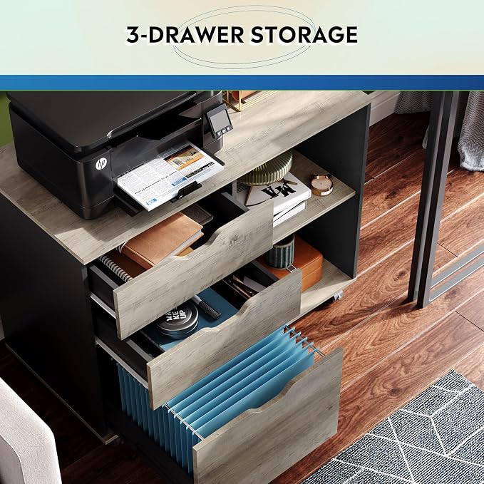 DEVAISE 3-Drawer Wood File Cabinet, Mobile Lateral Filing Cabinet, Printer Stand with Open Storage Shelves for Home Office, Greige | Mobile Printer Stand, Open Storage Shelves, Letter & A4 Compatible, Wood, Home Office