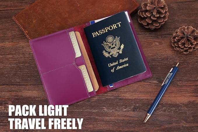 STAR VISTA Albatross Leather Travel Passport Holder, Minimalist Design, Calfskin Leather Case for Women and Men - Slim Passport Wallet, Bifold, RFID Blocking, with AirTag Holder, Violet
