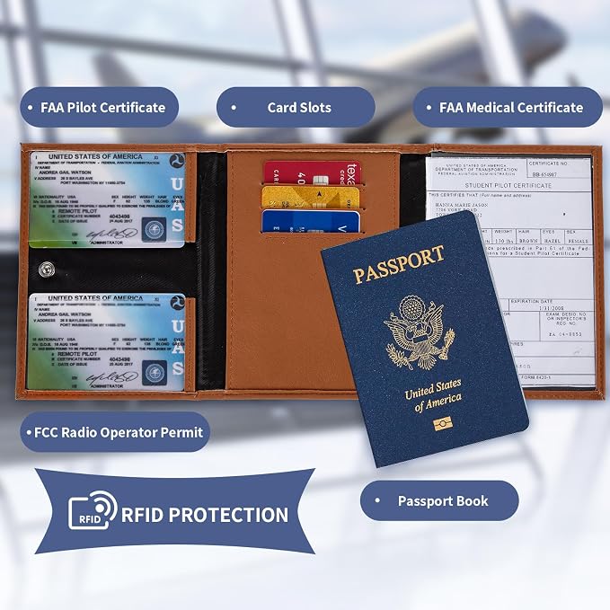 Pilot Wallet Passport Holder for Travel - RFID Blocking Genuine Leather Travel Document Holder with Gift Box Passport Wallet for Pilots Men and Women