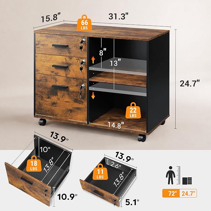 DEVAISE 3-Drawer File Cabinet with Lock, Wood Filing Cabinet, Rustic Brown | Rolling Printer Stand, Office Cabinet, Open Storage Shelves, Letter & A4 Compatible, Home Office, Under Desk Storage