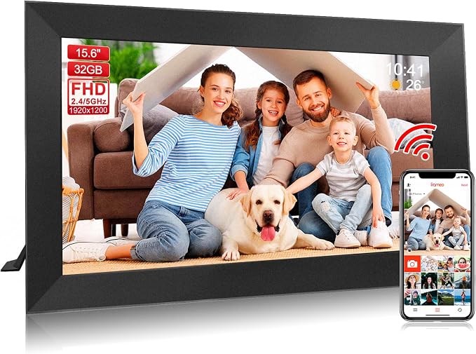 Digital Picture Frame 15.6 Inch Large Frameo Digital Photo Frame，32GB, 1920 * 1080 IPS HD Touch Screen, Electronic Picture Frame IPS Touch Screen with Auto-Rotate, Frameo Digital Frame WiFi(Black)