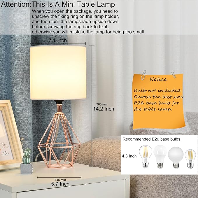 Rose Gold Bedside Table Lamp,Modern Small Desk Lamp with TC Fabric Shade Geometric Metal Base for Kids Living Room Bedroom Nightstand