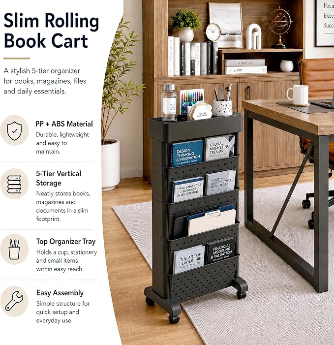 BYFU 5-Tier Movable Bookshelf Cart, 26.0" H, Black | Rolling Wheels, File Paper Storage Organizer, Mobile Bookcase, For Home Office Study Classroom