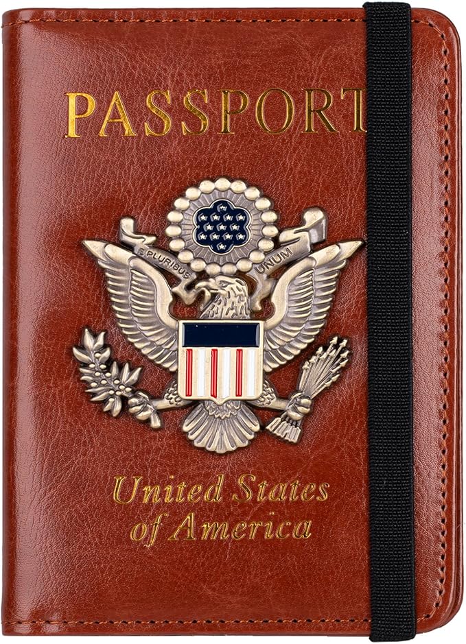 TOURSUIT RFID Blocking Passport Holder, Leather Travel Wallet, Brown | Travel Document Holder Cover Accessories, 3D Metal Badge, For Women Men
