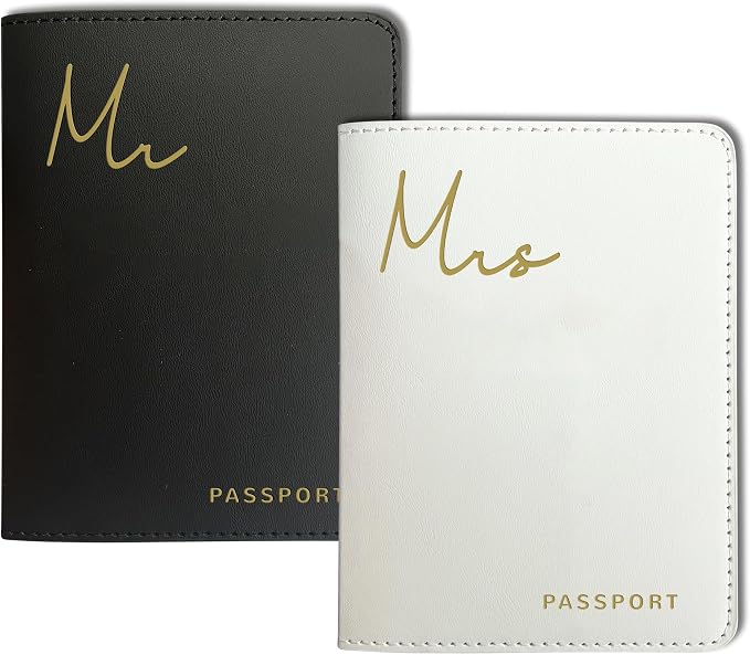 Mr&Mrs Gifts Matching Passport Holders for Mr and Mrs, Gold Foil Logo, Dual PU Leather with Card Pockets, Honeymoon Travel Essentials Gift for Newlyweds(MM Black White)