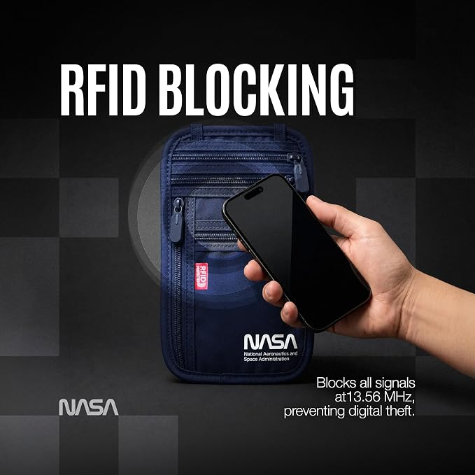 NASA Neck Wallet with RFID-Secured Passport Protection (Lunar Blue) | Slimline Design | Official NASA Insignia | RFID Protection | Key Carabiner | Water-Resistant | Breathable Mesh