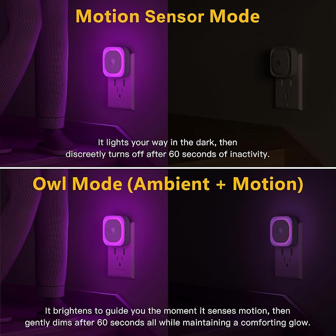 YUNLEX 2 Pack Plug in Night Light with Motion Sensor & Dusk to Dawn Sensor, 3 Sensor Modes, Purple Lights Plug into Wall, Dimmable Calming Glow for Meditation, Relaxation, Bathroom