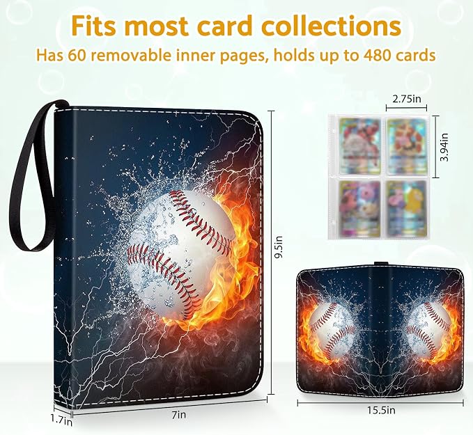 Baseball Card Binder Holder 480 Pockets with 60 Removable Sleeves, Portable Sports Trading Cards Binder Album Collector Organizer Protectors with Zipper,Waterproof