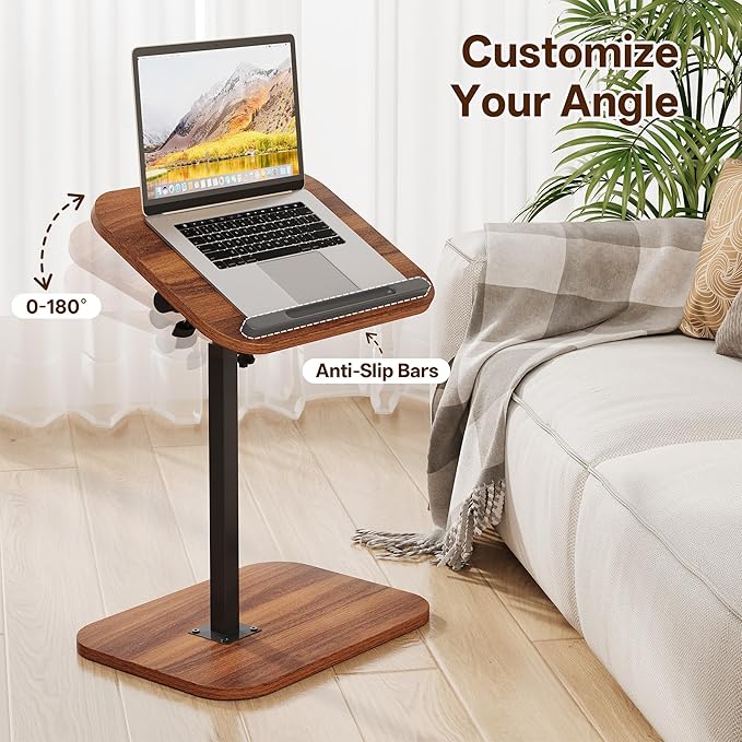 TV Tray Table, C Shaped End Table | Adjustable Height, Flip-Top, Snack Side Table with 360° Swivel and 180° Tilt, for Couch, Sofa, Bed, Recliner, Walnut