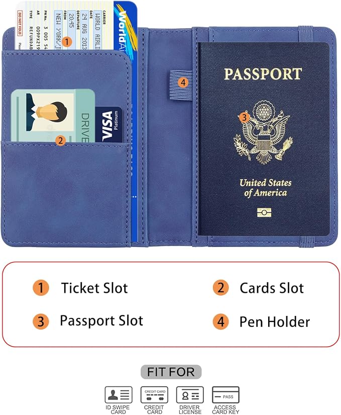 Melsbrinna Premium Leather Passport Holder Covers Case, Waterproof Rfid Blocking Travel Wallet Passport Holder with Pen Holder, Cute Passport Book for Women/Men