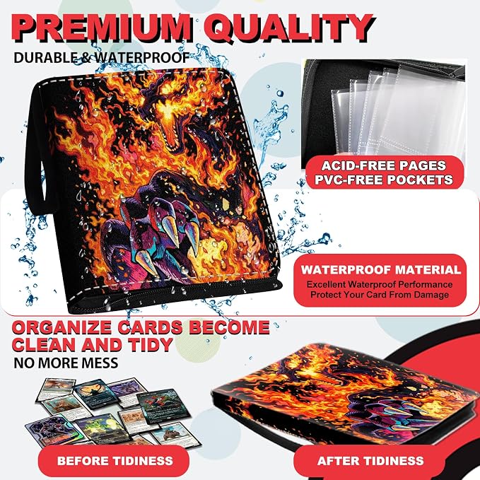 440 Card Binder 4 Pocke 3-Ring Trading Card Binder with 55 Page Removable Sleeves, High Storage Trading Card Holder Collection Card Album Carrying Organizer Case for TCG Cards-Fire Dragon