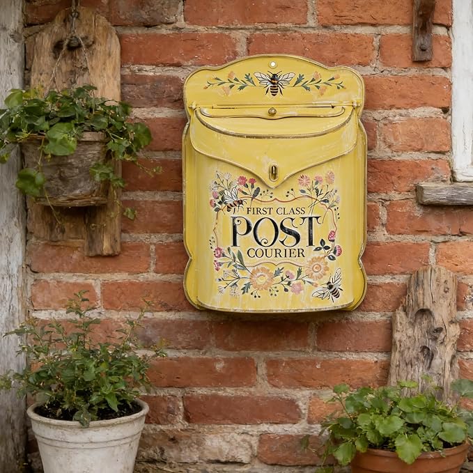 Wall Mount Mailbox for Outside Vintage Mail Boxes for House Outside Metal Door Mailbox Drop Box Antique Style Nostalgic Charm Home Decorative, Flower Pattern, Yellow
