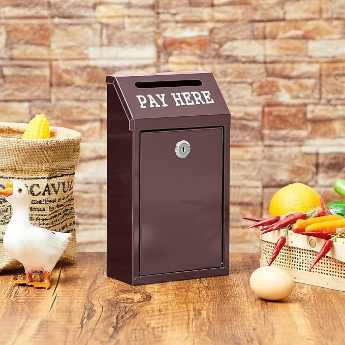Yaocom Safe Metal Cash Box for Farm Stand – Money Drop and Secure Donation Collection, Wall Mount Lockable Unit with Pre Drilled Holes for Outdoor Self Serve(Brown,10.2 x 5.7 x 2.8 Inch)