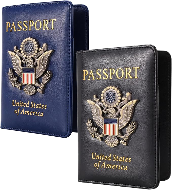 2 Pcs Passport Holder for Travel with Card Slot RFID Blocking Leather Family Passport Wallet Travel Accessories for Men and Women (Blue and Black)