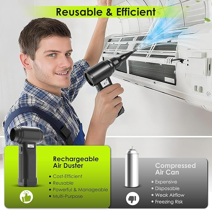 Electric Compressed Air Duster, 300,000RPM Cordless Air Blower for Dust Removal, Duster/Vacuum 2-in-1 with 10 Speeds, 20000mAh Rechargeable & 5 Nozzles Dust Blower for PC, Keyboard, Car, Outdoor