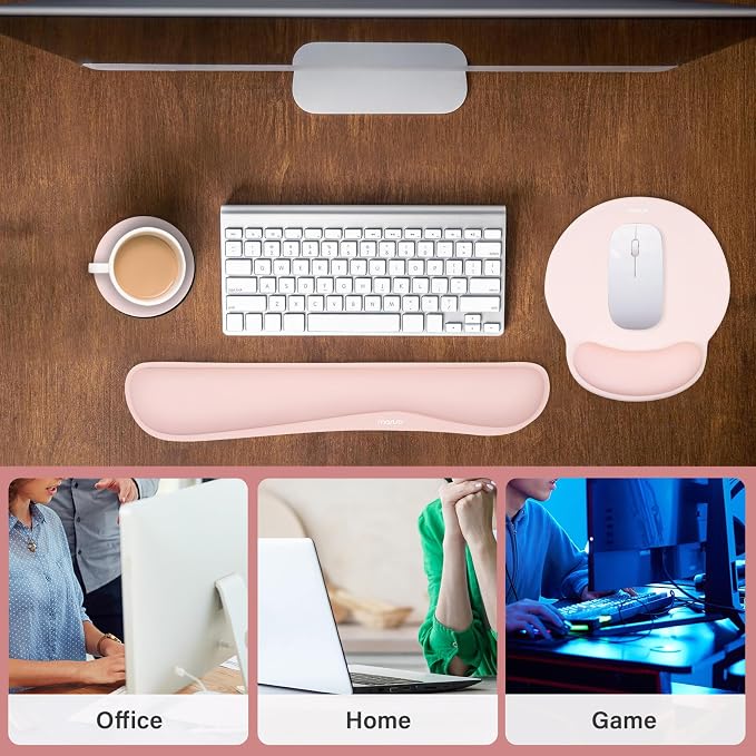 MOSISO Wrist Rest Support for Mouse Pad&Keyboard Set, Chalk Pink | Streamline Ergonomic Mousepad&Coaster Non-Slip Base Home/Office Pain Relief&Easy Typing Pad with Soft Cloth&Silicone Lining
