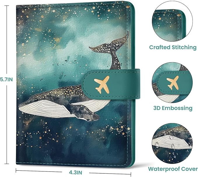 Passport Holder for Travel Essentials, RFID Blocking Leather Cover Wallet with Magnetic Closure, Aesthetic & Cute Passport Book Case for Women and Men - Whale, Upgraded with Money Pocket