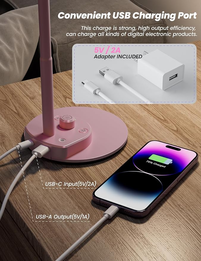 BOHON Cute Desk Lamp with USB Charging Port, 3 Color Modes Dimmable, Pink | Pink Lamp LED Reading Lamp, Flexible Neck Auto Dimming Table Task Light for Home Office Dorm Bedside