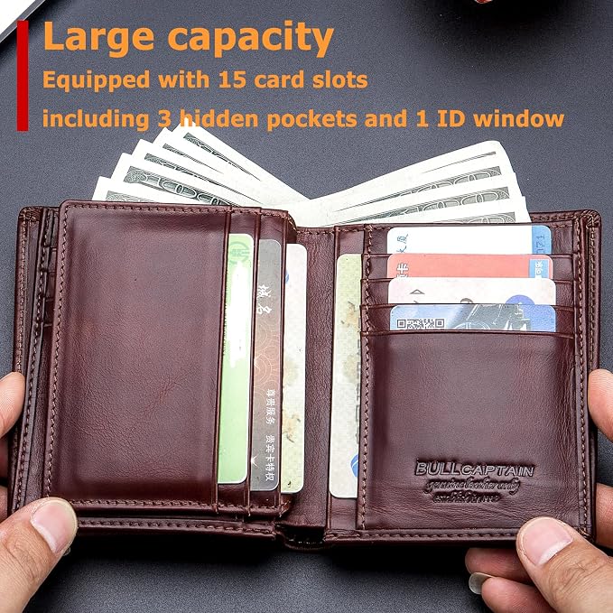 BULLCAPTAIN Large Capacity Genuine Leather Wallet for Men QB-027 | Bifold Wallet,RFID Blocking,Credit Card Holder,15 Card Slots,Special Expandable Design,gift choice