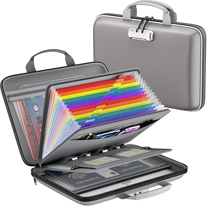 Fireproof File Organizer with Lock, Hard-Shell Document Box, Gray | Water Resistant, 13-Pocket Expanding Folder, Portable Safe Storage for Letter Legal Files, Laptop, Valuables, Large Capacity