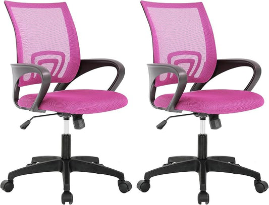 BestOffice | Ergonomic Office Chair | Mid-Back Swivel Desk Chair | Breathable Backrest & Lumbar Support | Adjustable Height | Sponge Seat | Rolling Wheels | Pink | for Adults & Women | Pack of 2