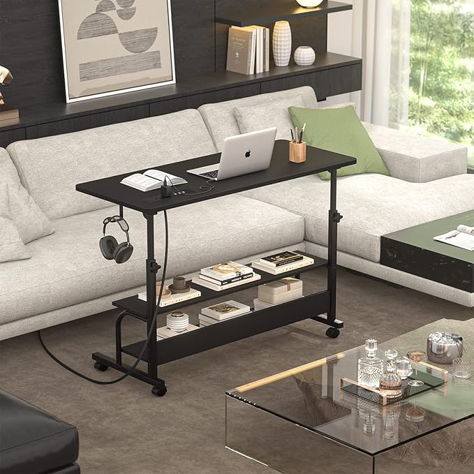 Armocity Height Adjustable Standing Desk with Power Outlets, 39" Manual Stand Up Desk with Storage Shelves Small Mobile Rolling Computer Desk Portable Laptop Table with Wheels for Home Office, Black